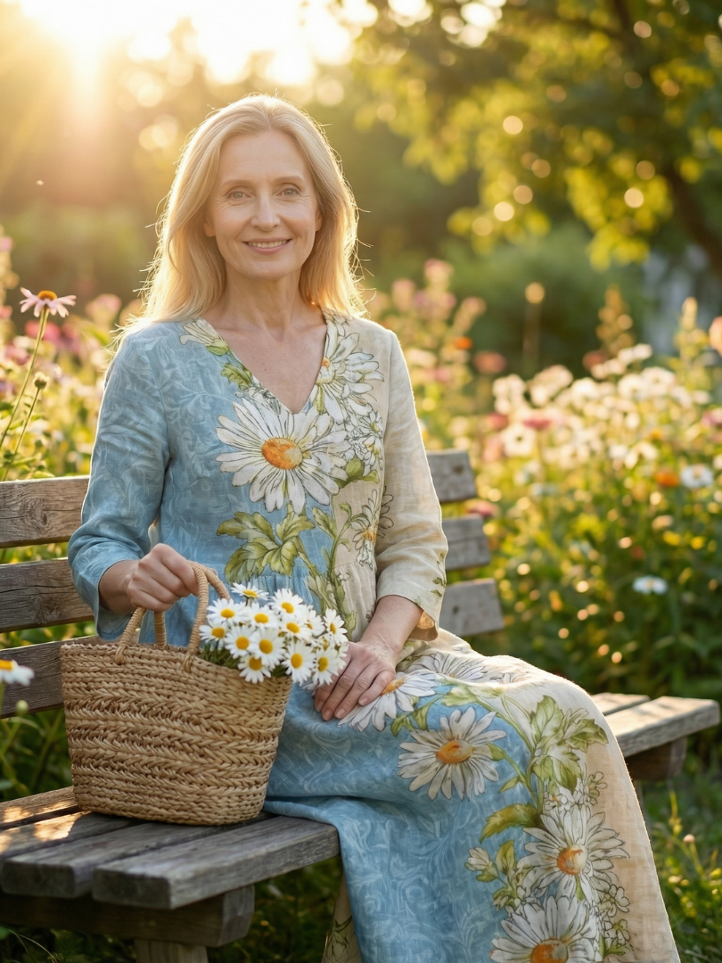 Woman in a floral dress sitting on a bench with flowers in a garden