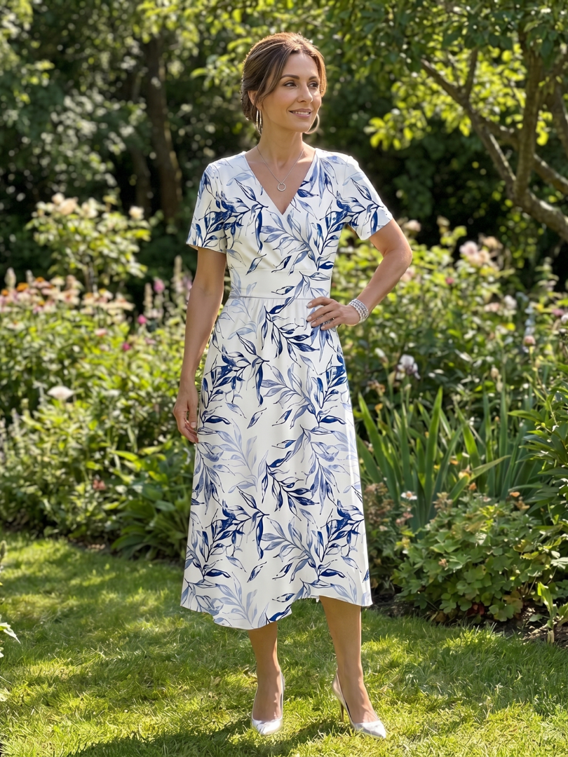Women's Botanical Print Midi Dress with V-Neck for Warm Days