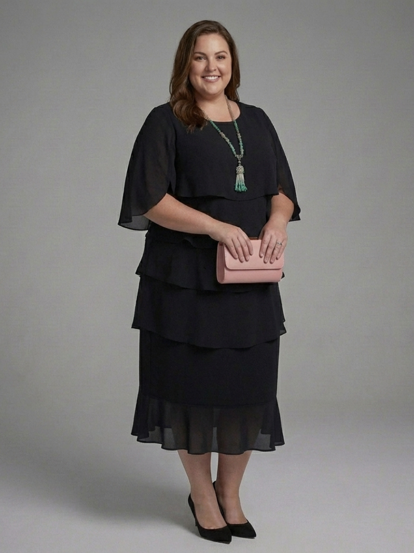 Women's Cape Sleeve Midi Dress with Layered Panels for Day