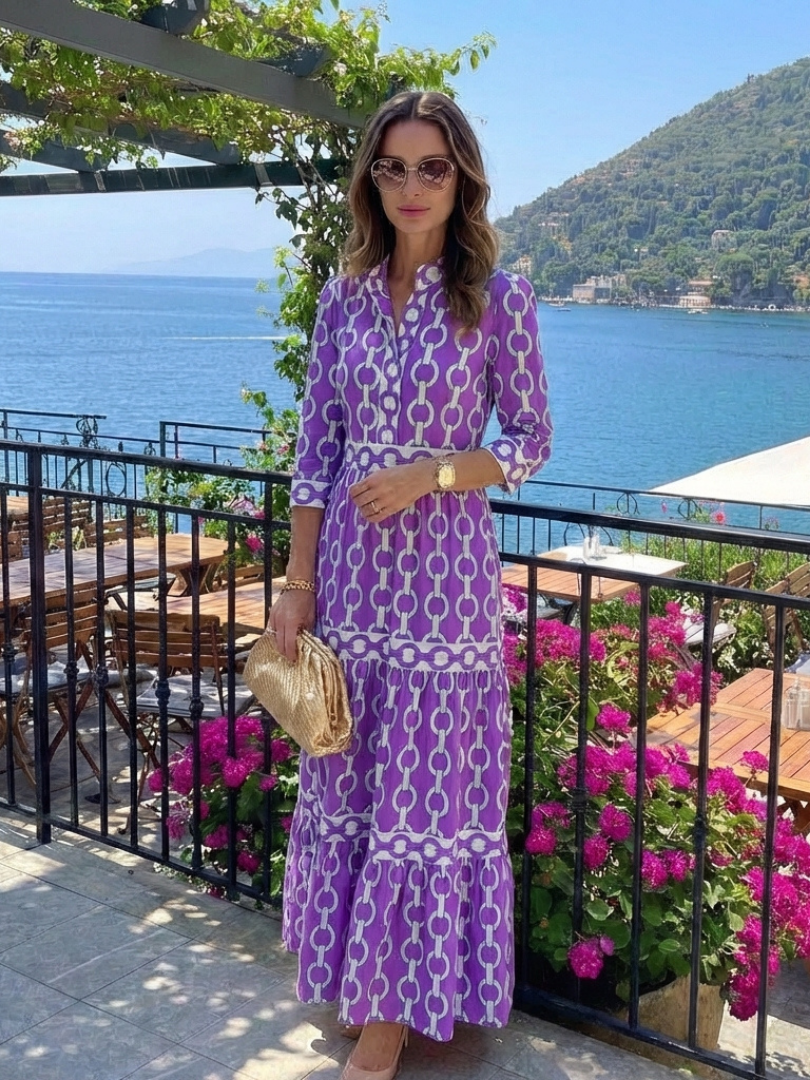 Women's Chain Pattern Midi Dress with V-Neck for Everyday