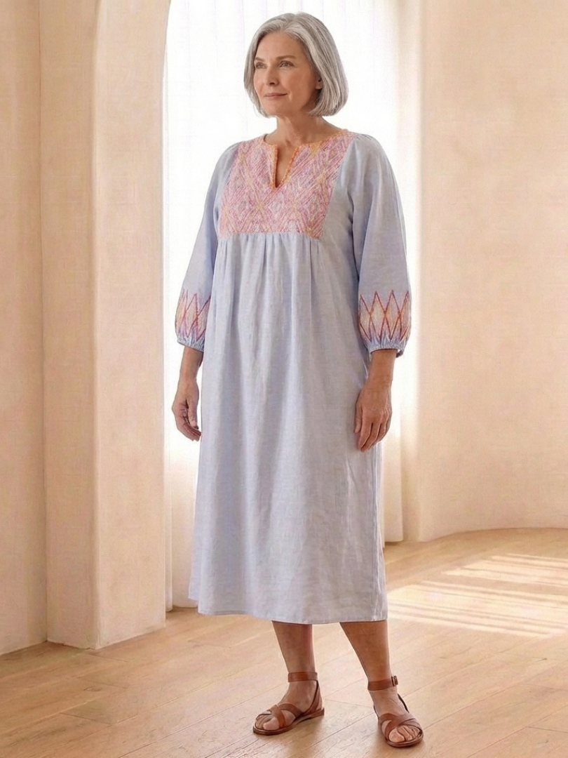 Women's Embroidered Midi Dress with V-Neck for Coastal Walks
