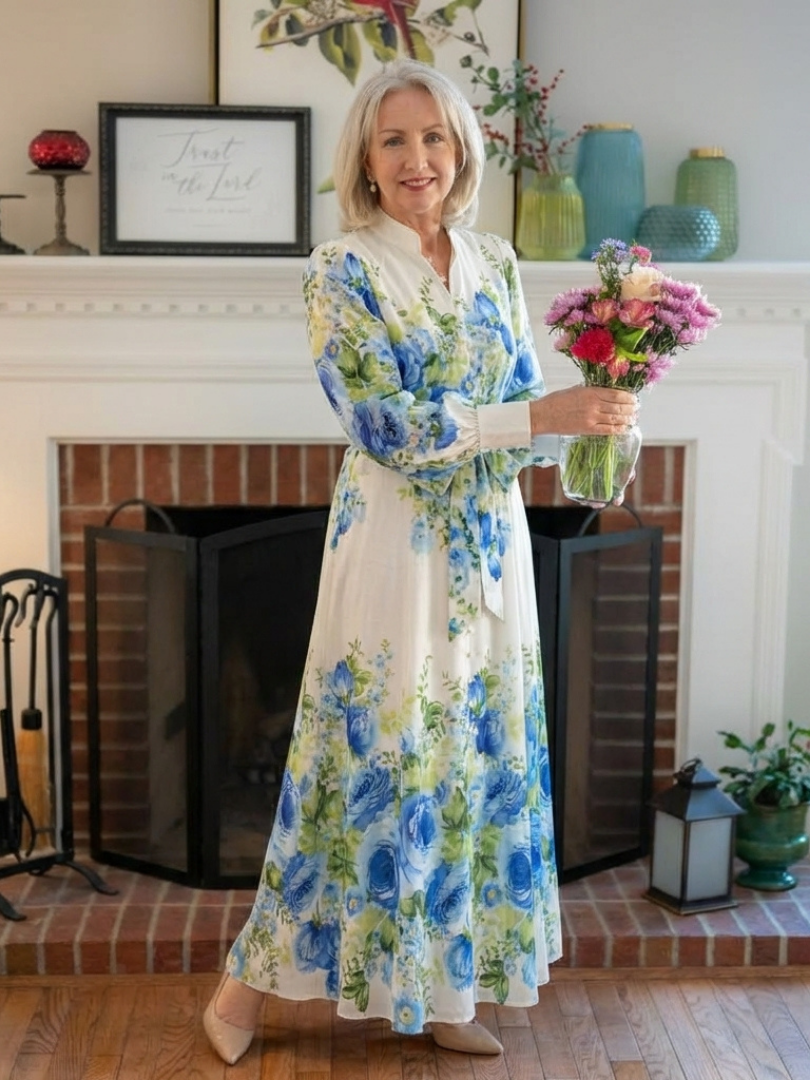 Women's Floral Maxi Dress with Button Front for Daytime