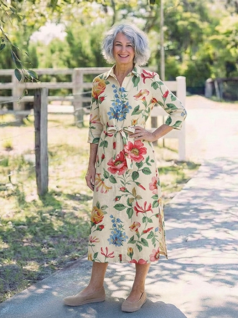Women's Floral Midi Dress with Button Front for Party