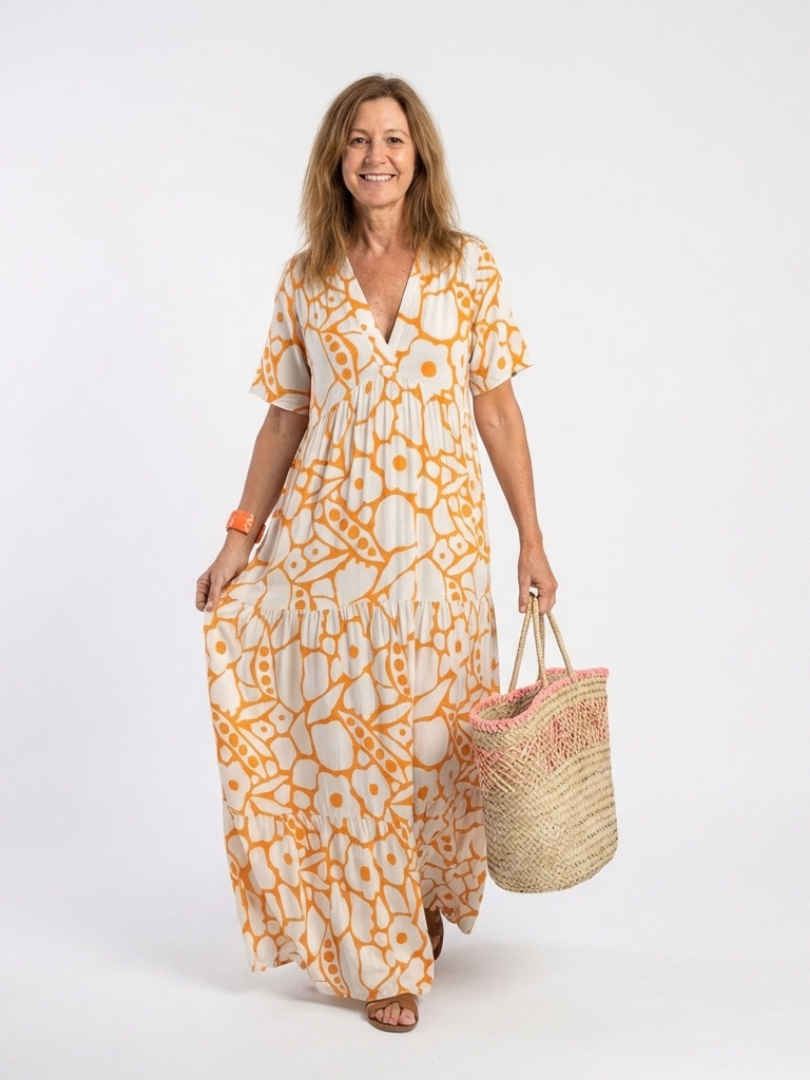 Women's Floral Midi Dress with V-Neck Short Sleeves