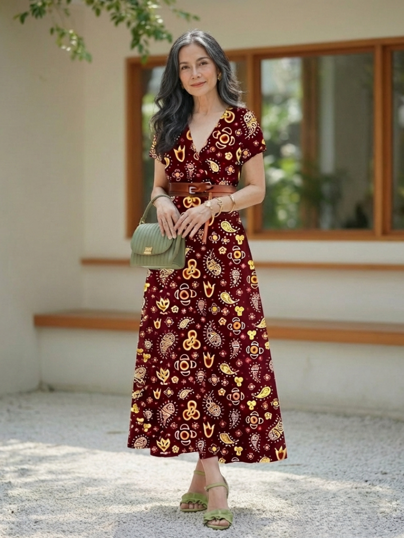 Women's Floral V-Neck Midi Dress with Belt for Spring