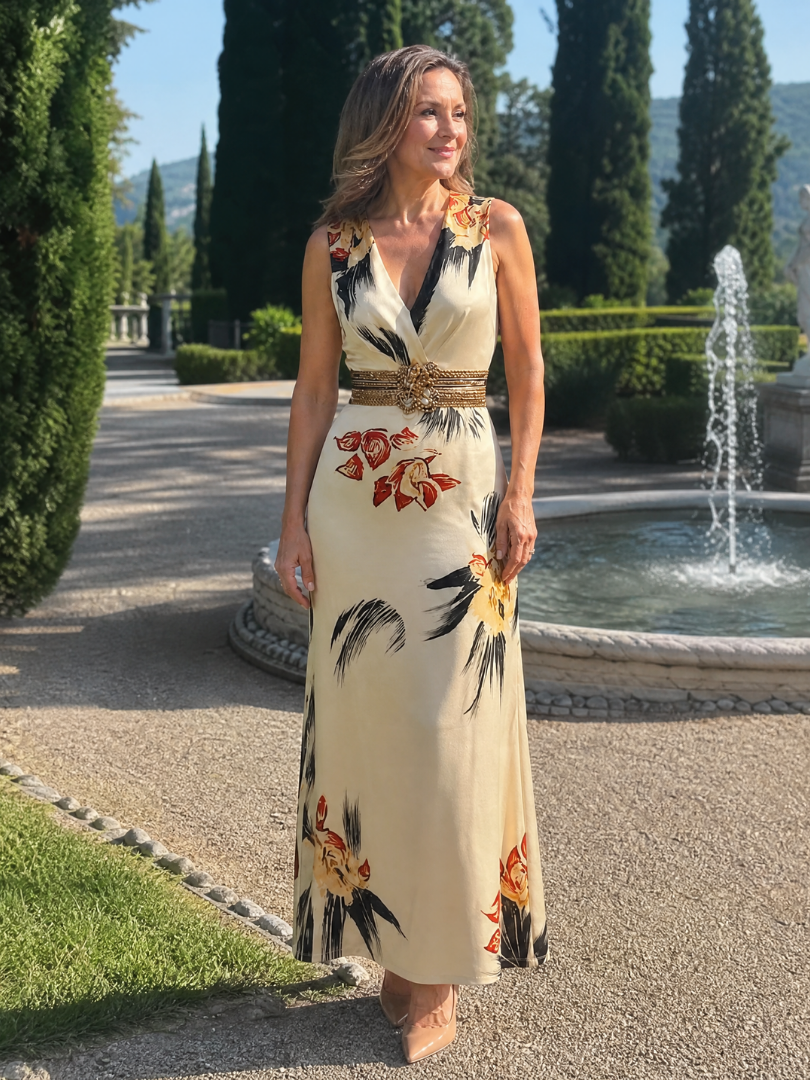 Women's Floral V-Neck Midi Dress with Waist for Outing