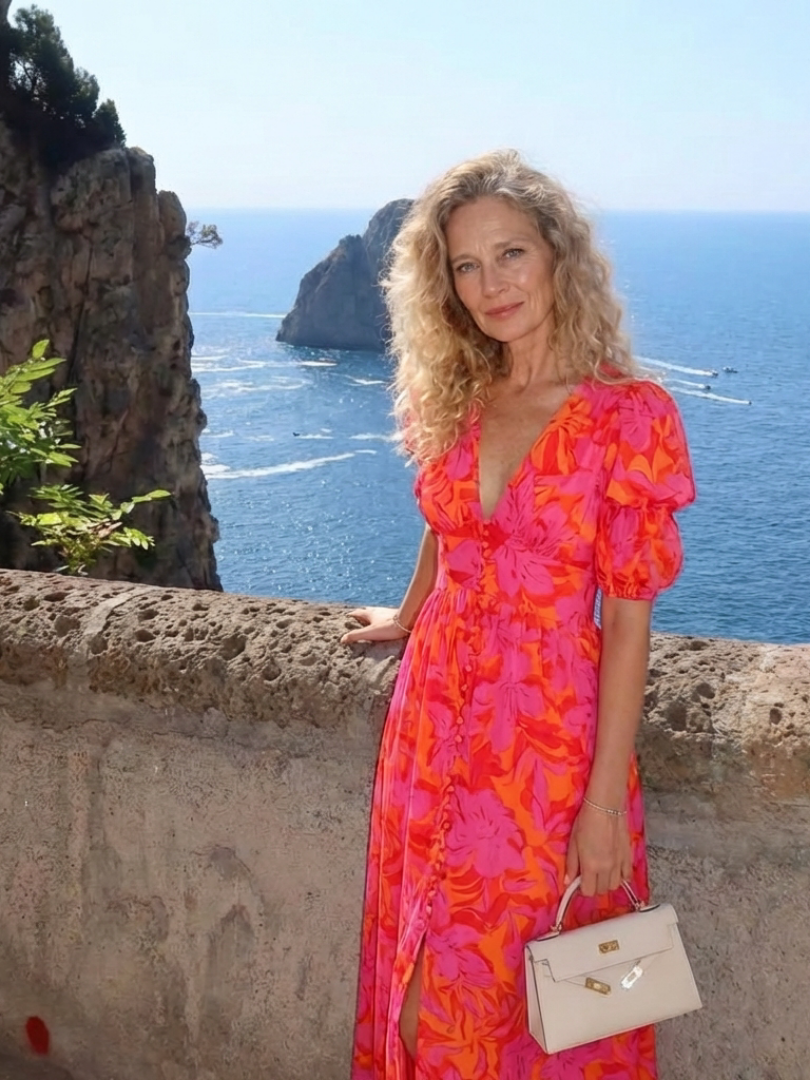Women's Floral V-Neck Puff Sleeve Midi Dress for Summer