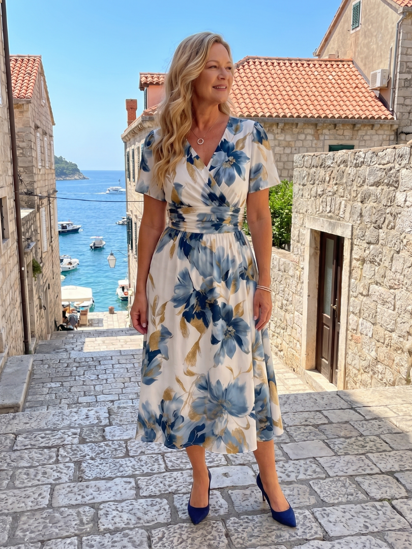 Women's Floral Wrap Midi Dress with V-Neck for Garden Party