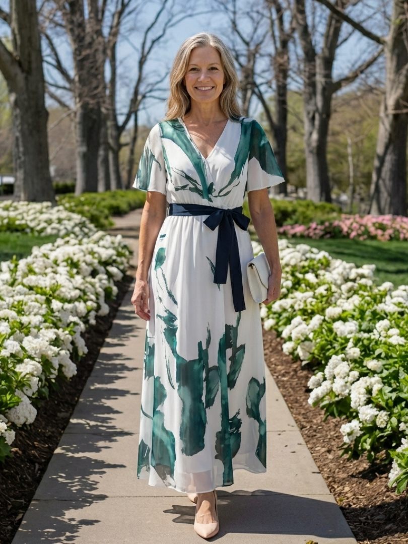 Women's Flutter Sleeve Maxi Dress with Waist Belt for Events