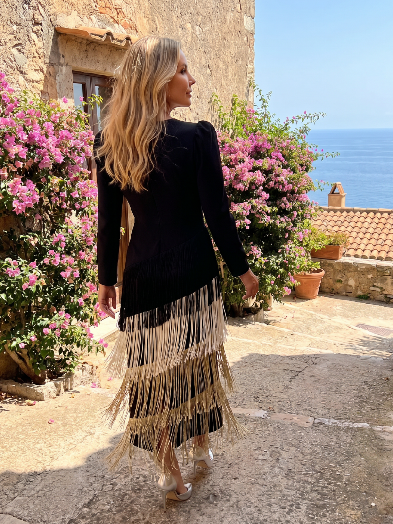 Women's Fringe Midi Dress with Tiered Fringe for Events