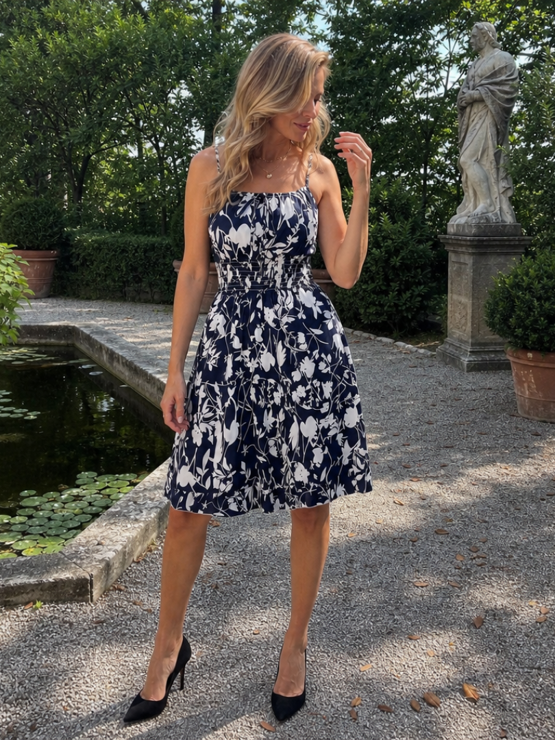 Women's Knee-Length Sleeveless Dress with Smocked Waist