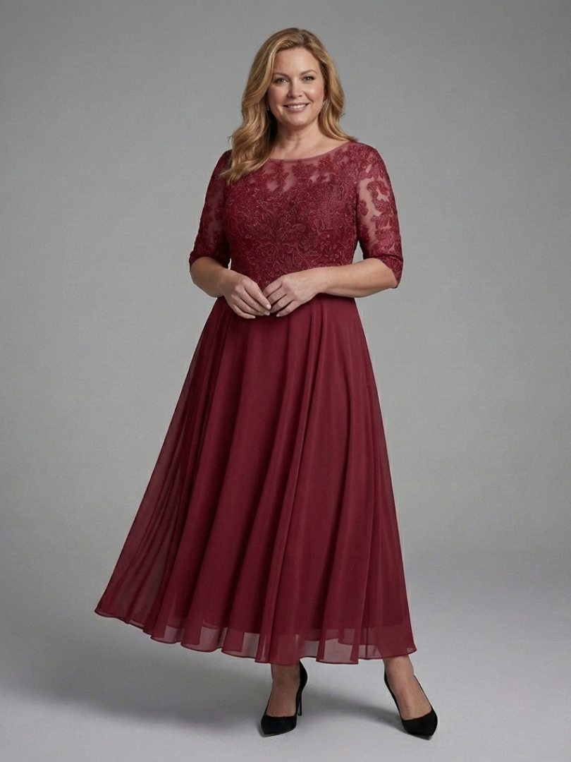 Women's Lace Bodice Midi Dress with Sheer Sleeves for Occasions