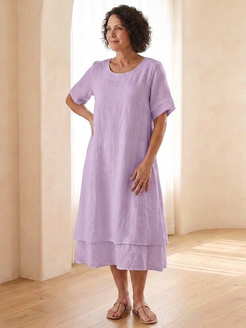 Women's Layered Midi Dress with Short Sleeves for Daywear