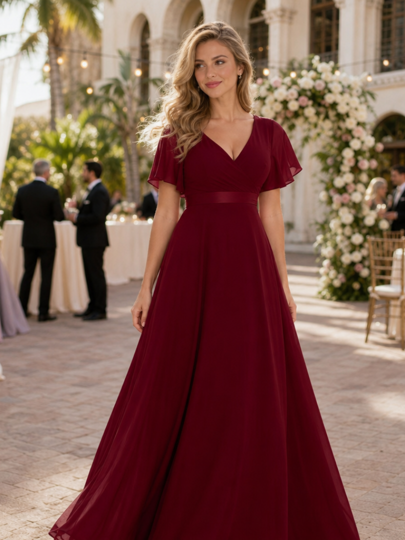 Women's Maxi Dress with V-Neck Flutter Sleeves for Formal