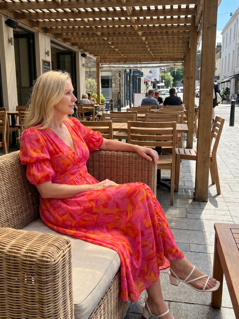 Women's Midi Dress with Puff Sleeve V-Neck for Garden Party