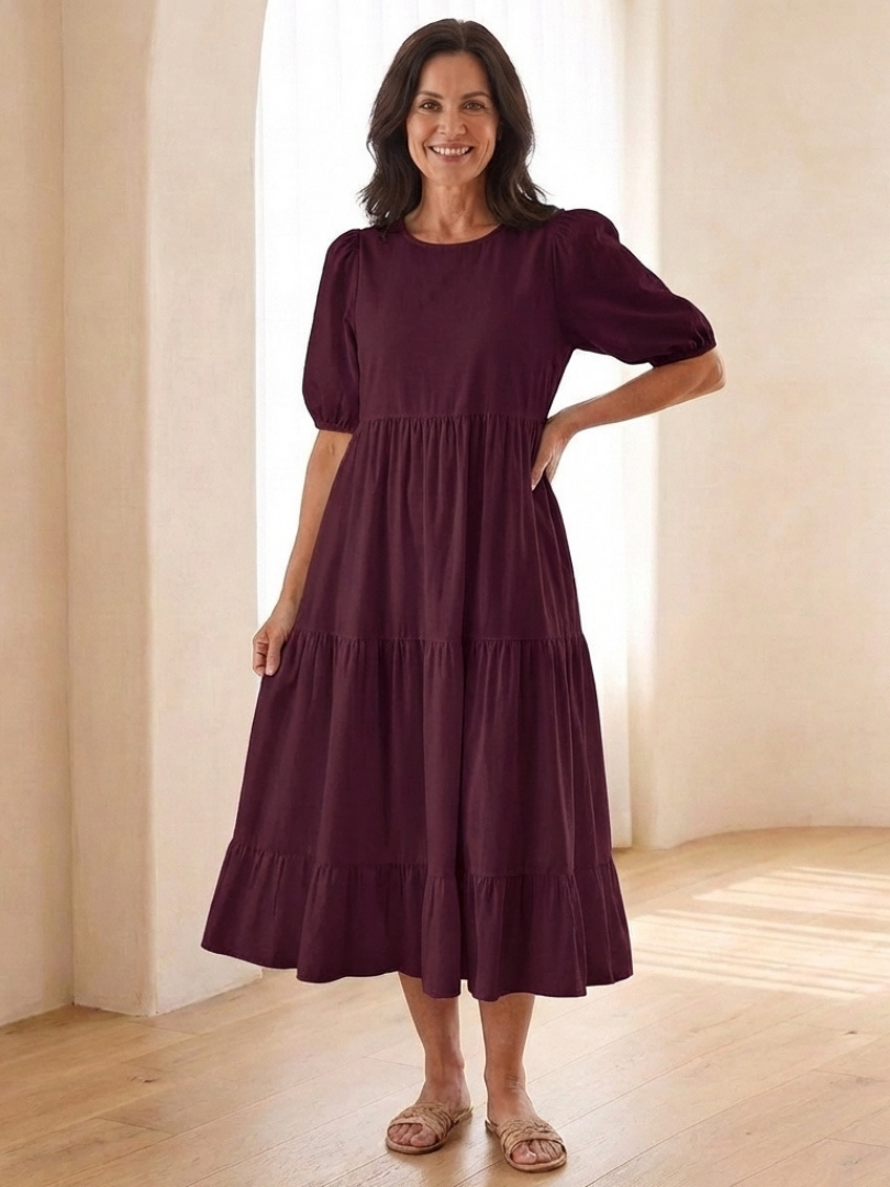 Women's Midi Dress with Puff Sleeves for Everyday Outings