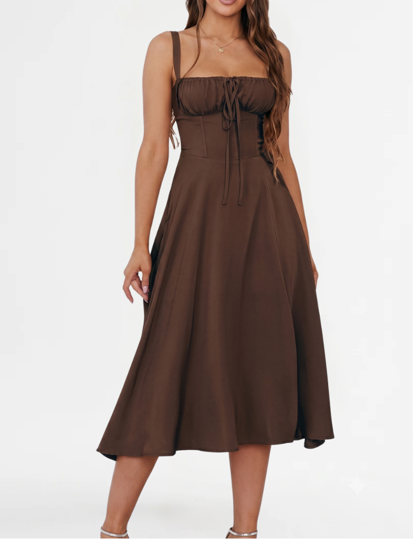 Women's Midi Dress with Ruched Bust and Corset Bodice