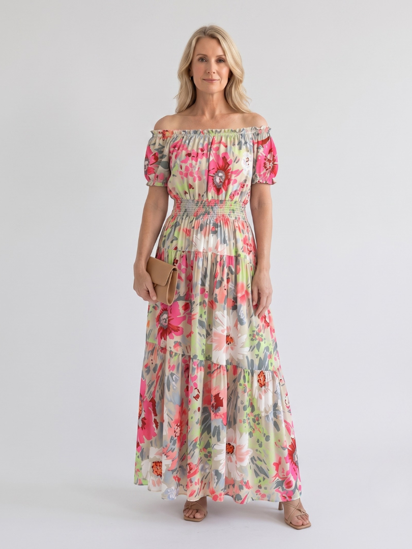 Women's Off-Shoulder Maxi Dress with Shirred Waist - Summer