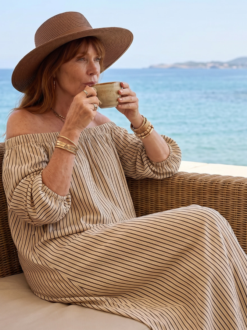 Women's Off Shoulder Midi Dress with Stripe Pattern-Summer