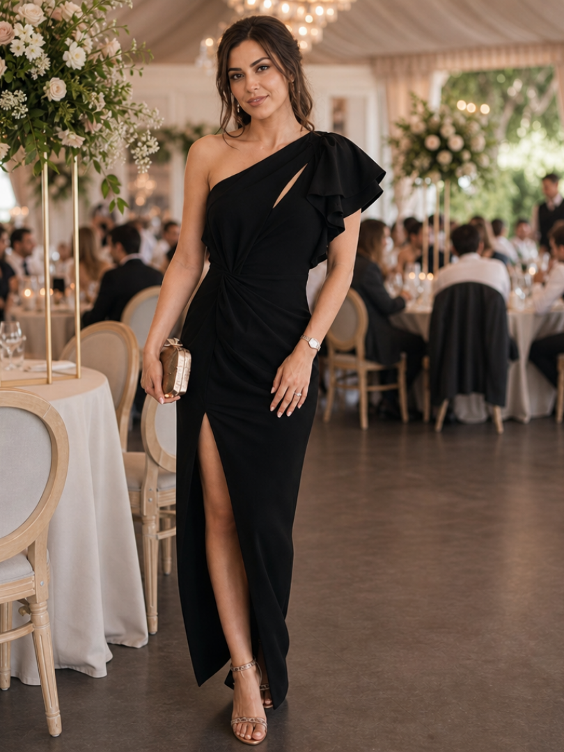 Women's One Shoulder Midi Dress with Draped Bodice for Evening