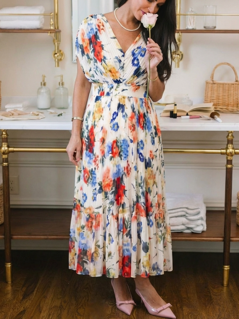 Women's Pleated Floral Midi Dress with Short Sleeves – Casual