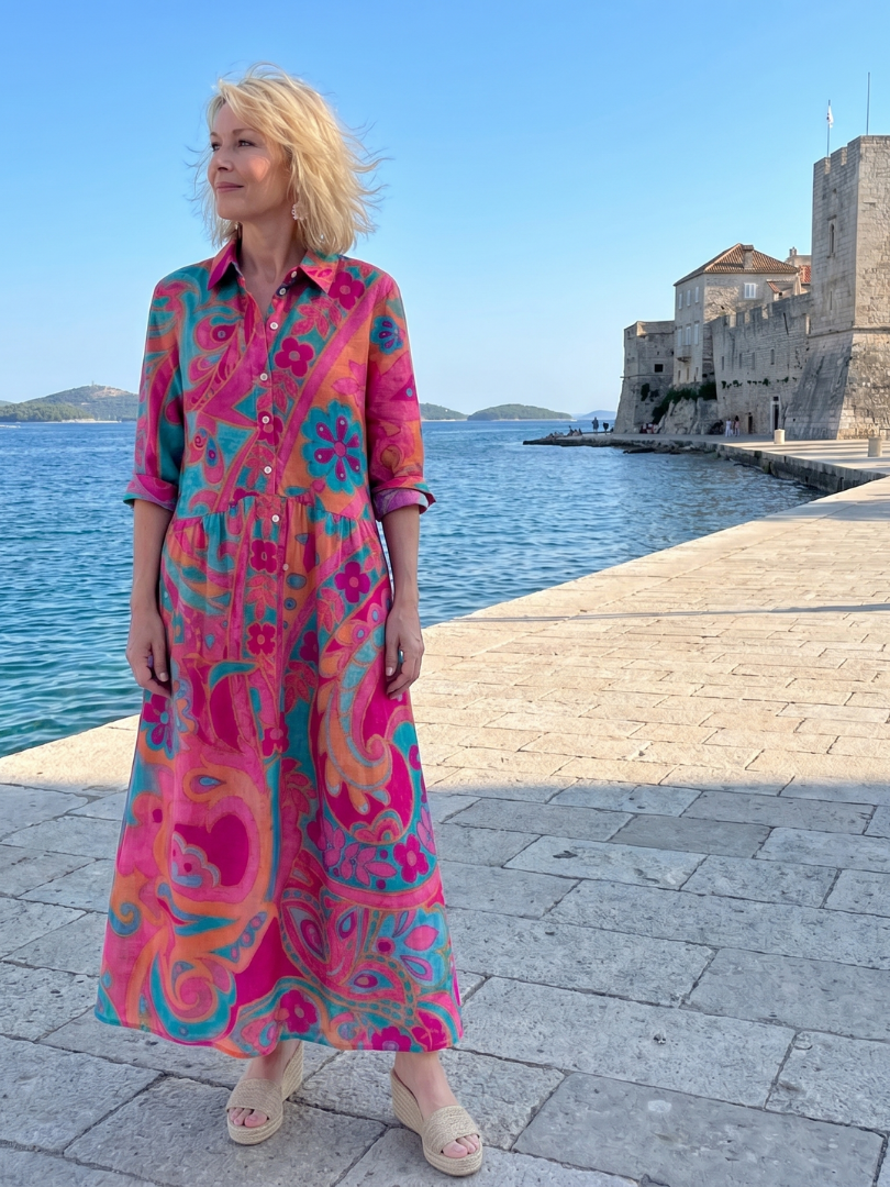 Women's Printed Button Front Collared Midi Dress Relaxed Fit