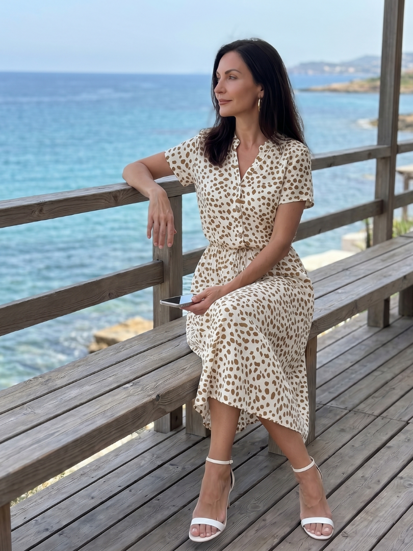 Women's Printed Button Front Midi Dress with Belt for Daily