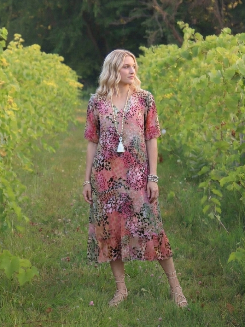 Women's Printed Midi Dress with V-Neck - Casual Outings
