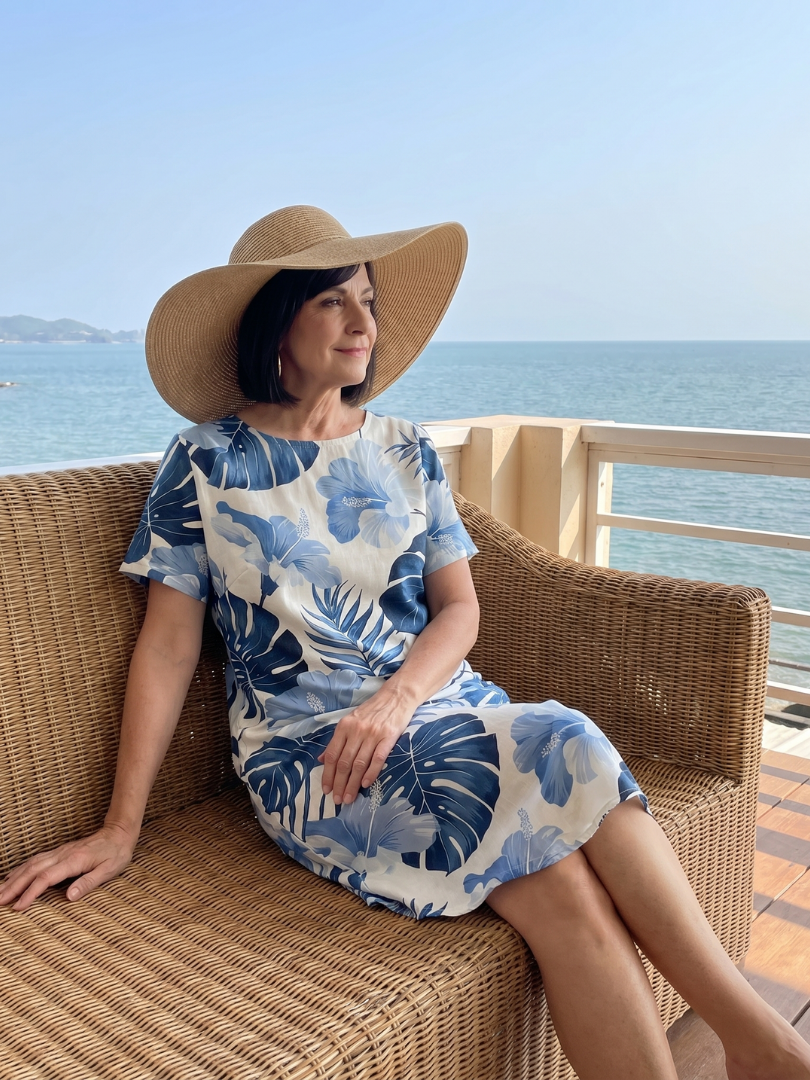 Women's Round-Neck Plant Print Midi Dress for Everyday Wear