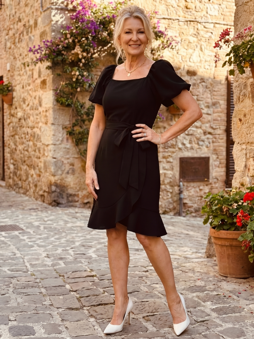 Women's Short Puff Sleeve Mini Dress with Side Tie for Casual Daytime