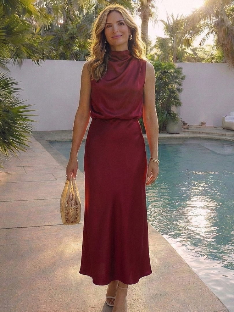 Women's Sleeveless Midi Dress with Draped Neck for Evening