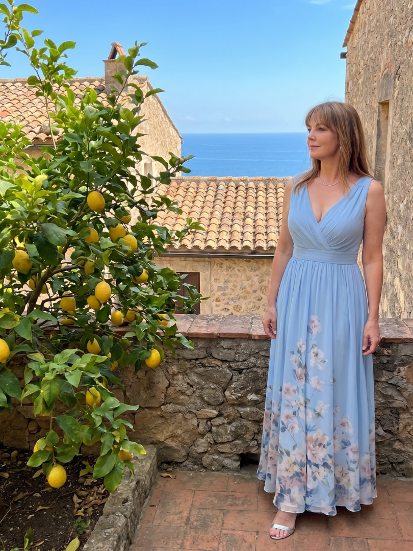Women's Sleeveless V-Neck Midi Dress with Floral Hem