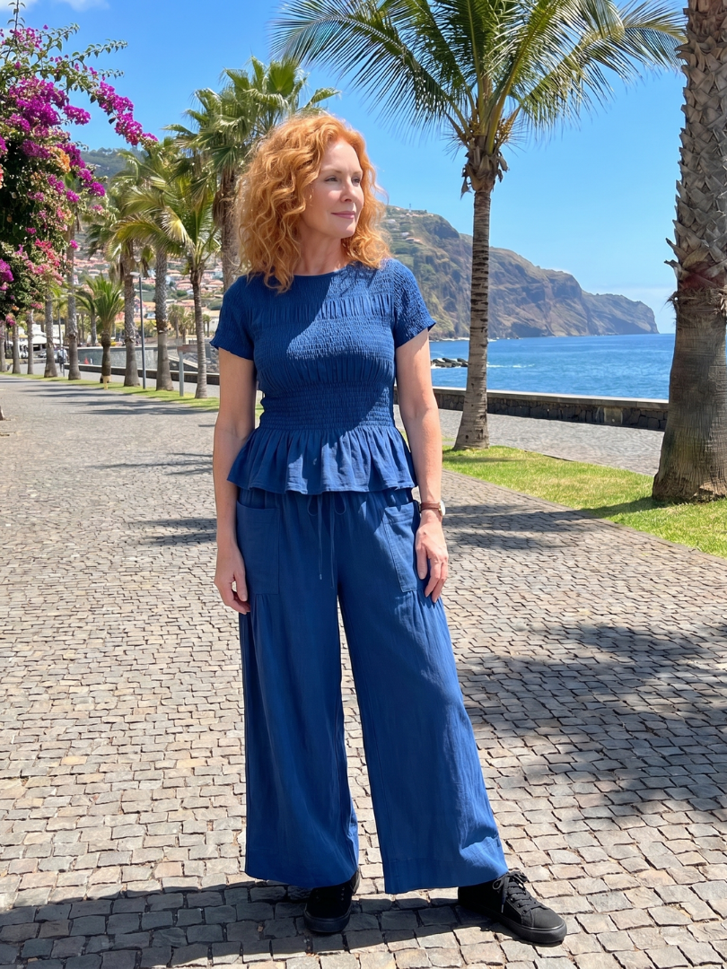 Women's Smocked Top & Wide Leg Trousers Set with Peplum
