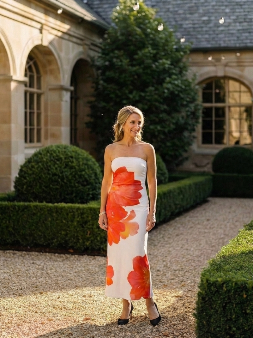 Women's Strapless Maxi Dress with Floral Print for Evening