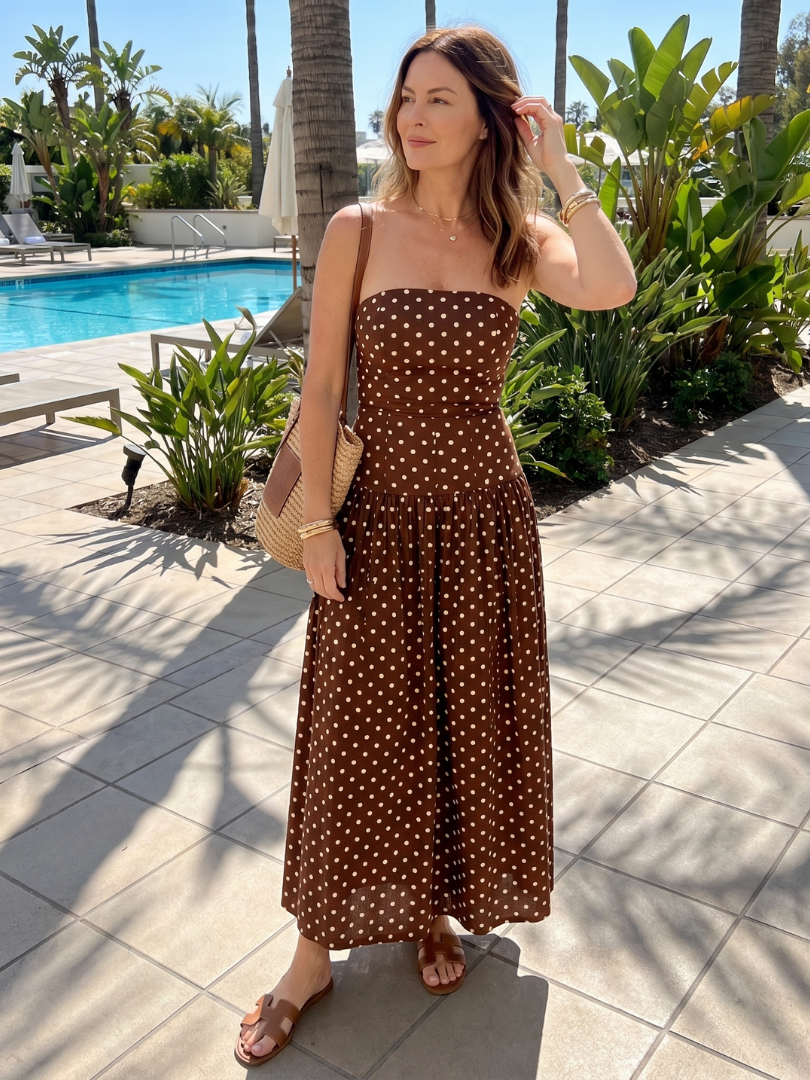 Women's Strapless Midi Dress with Polka Dot for Summer Days
