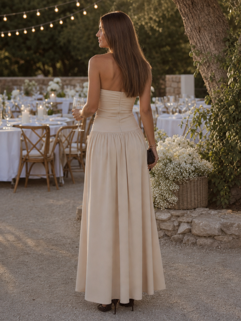 Women's Strapless Midi Dress with Ruched Bodice for Evening