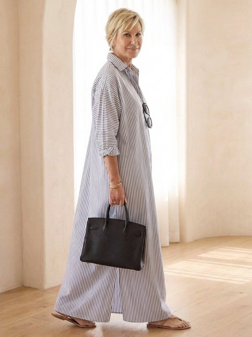 Women's Striped Maxi Shirt Dress with Collar for Warm Days