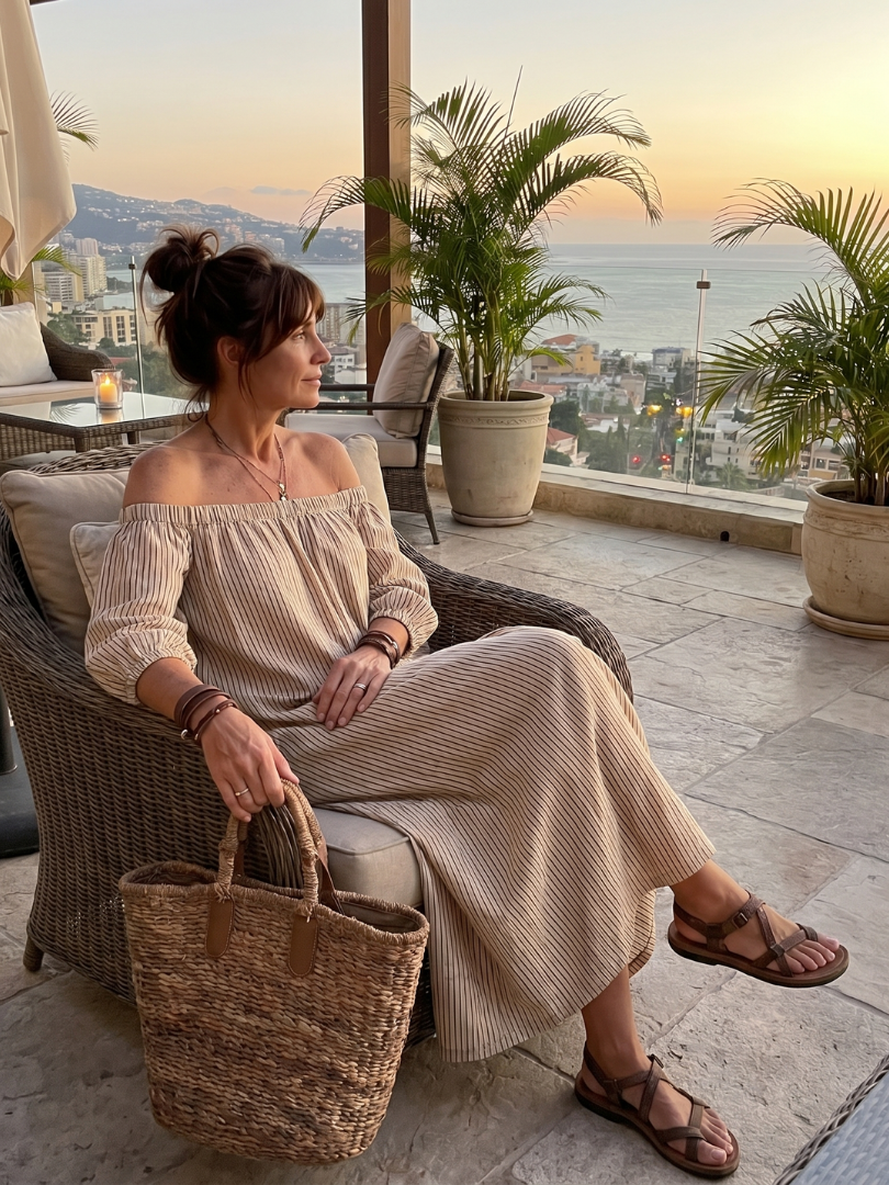 Women's Striped Off Shoulder Maxi Dress with Relaxed Fit