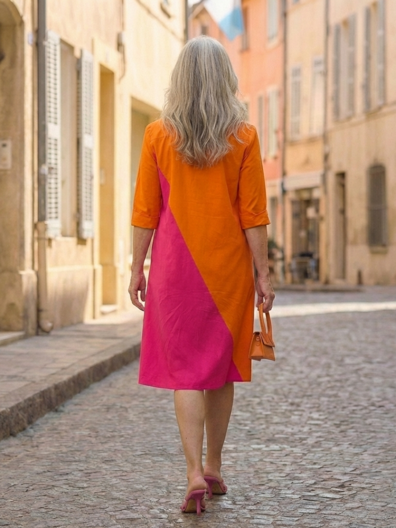 Women's Two-tone Colourblock Dress with Collar for Casual