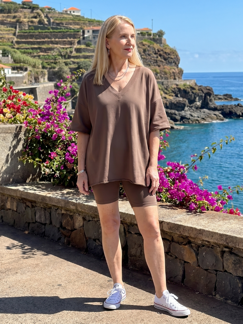 Women's V-Neck Top And Shorts Set with Relaxed Fit