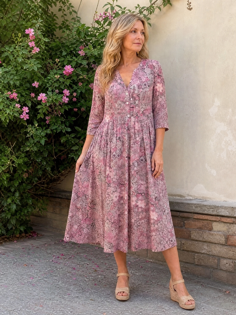 Women's Vintage Floral Midi Dress with Pockets for Everyday