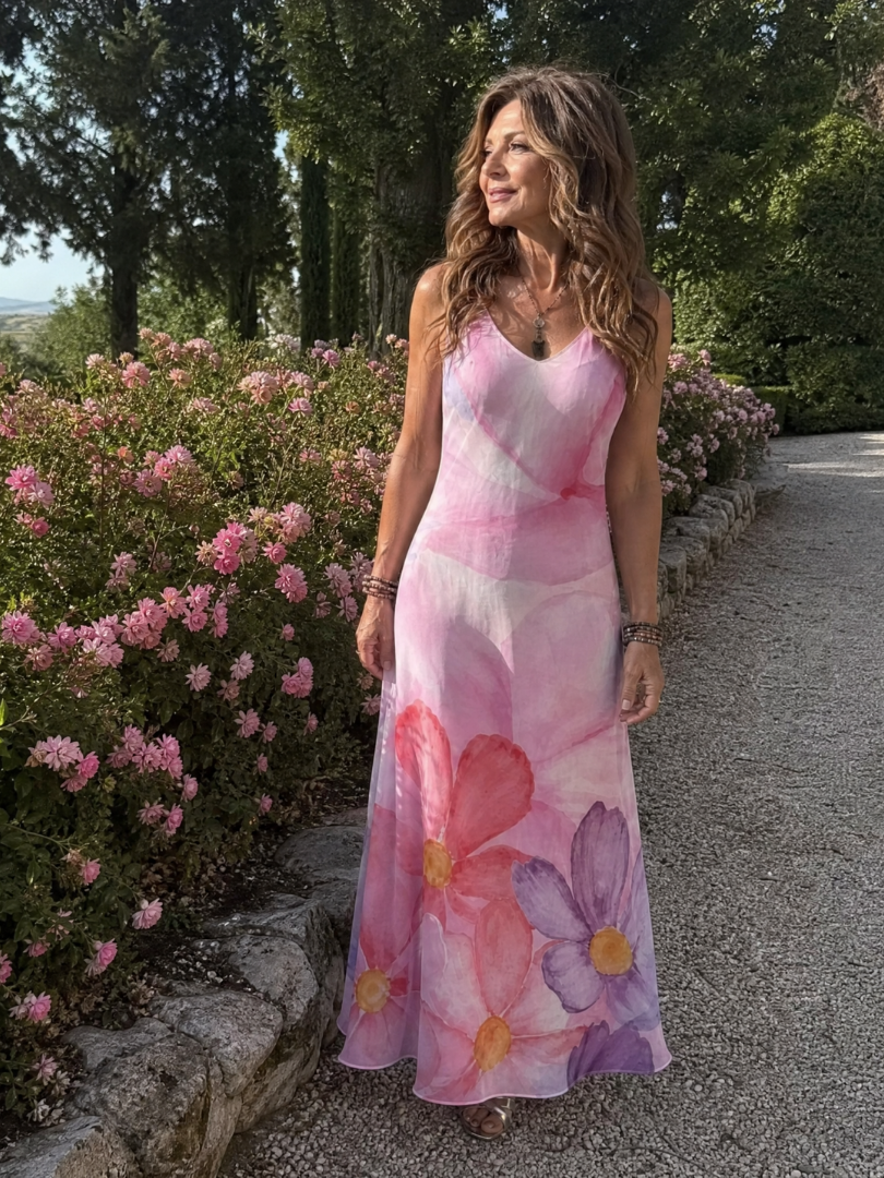 Women's Watercolor Flower Midi Dress for Daytime Outings