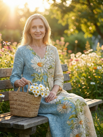 Woman in a floral dress sitting on a bench with flowers in a garden