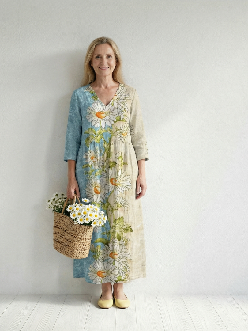 Woman wearing a floral dress holding a basket of flowers against a white background