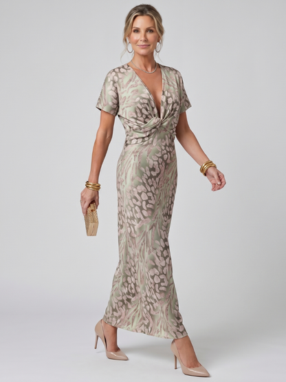 Women's Abstract Maxi Dress with Twist Waist for Occasions