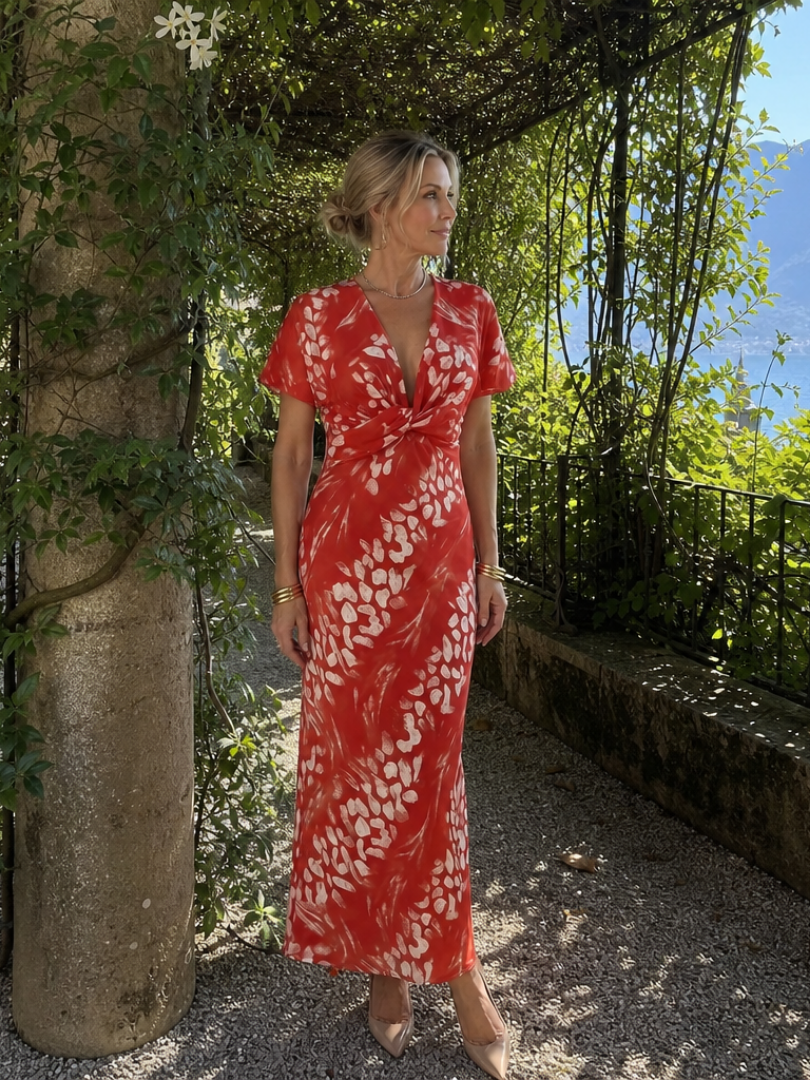 Women's Abstract Maxi Dress with Twist Waist for Occasions