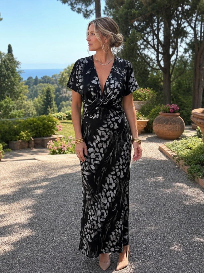 Women's Abstract Maxi Dress with Twist Waist for Occasions