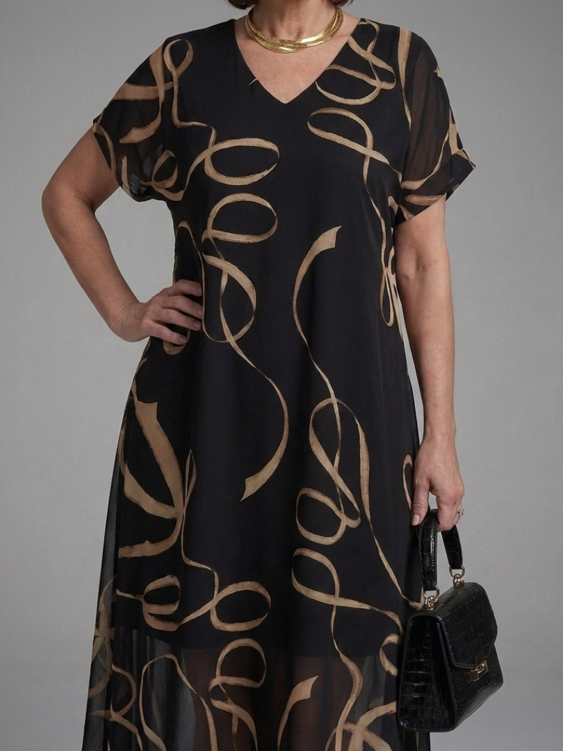 Women's Abstract Midi Dress with Short Sleeve for Everyday