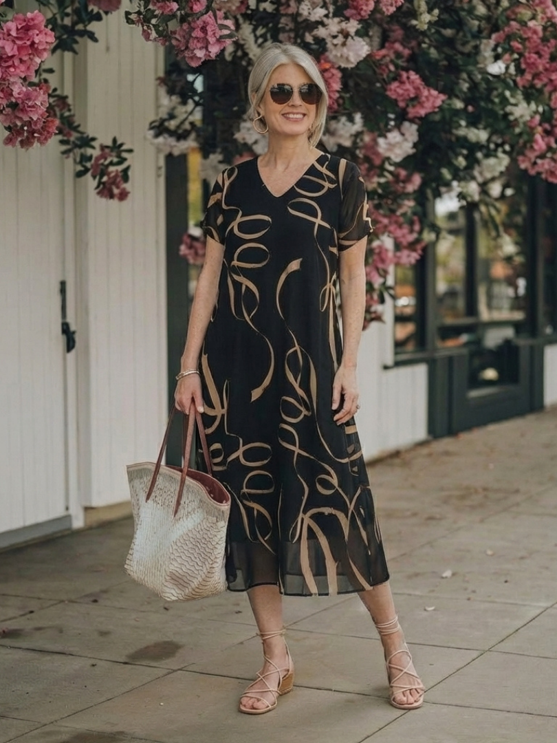 Women's Abstract Midi Dress with Short Sleeve for Everyday