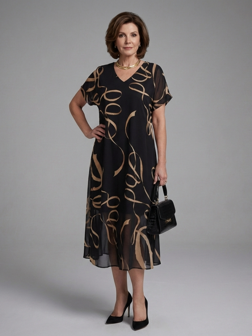 Women's Abstract Midi Dress with Short Sleeve for Everyday